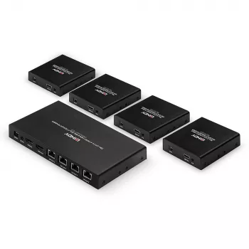 Lindy 70m Cat.6 4 porte HDMI 4K60 splitter extender, 3840 x 2160 pixel, trasmettitore e ricevitore AV, 70 m, con filo, nero, HDCP