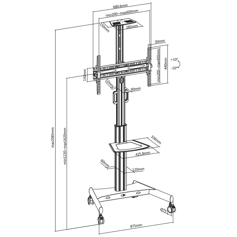 Supporto/carrello per TV Vivolink VLFS3266C 165,1 cm (65 pollici) nero