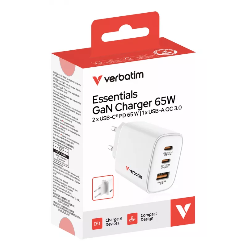 Caricabatterie Verbatim Essentials GaN 65W spina EU bianco, uso interno, AC, 20 V, bianco