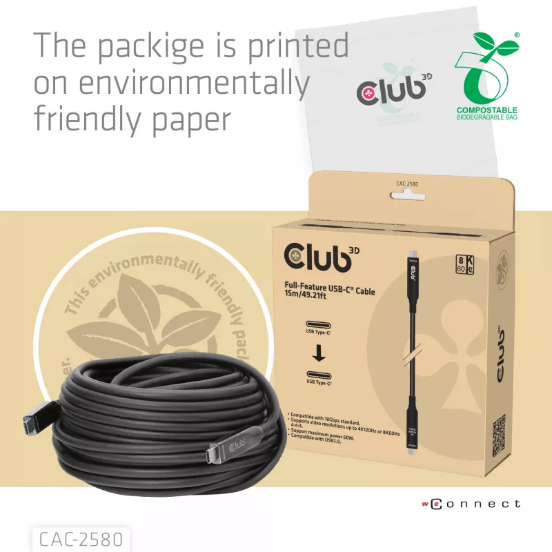 CLUB3D cavo USB-C® full-feature 15M / 49,21ft 8K60Hz 10Gbps 60W