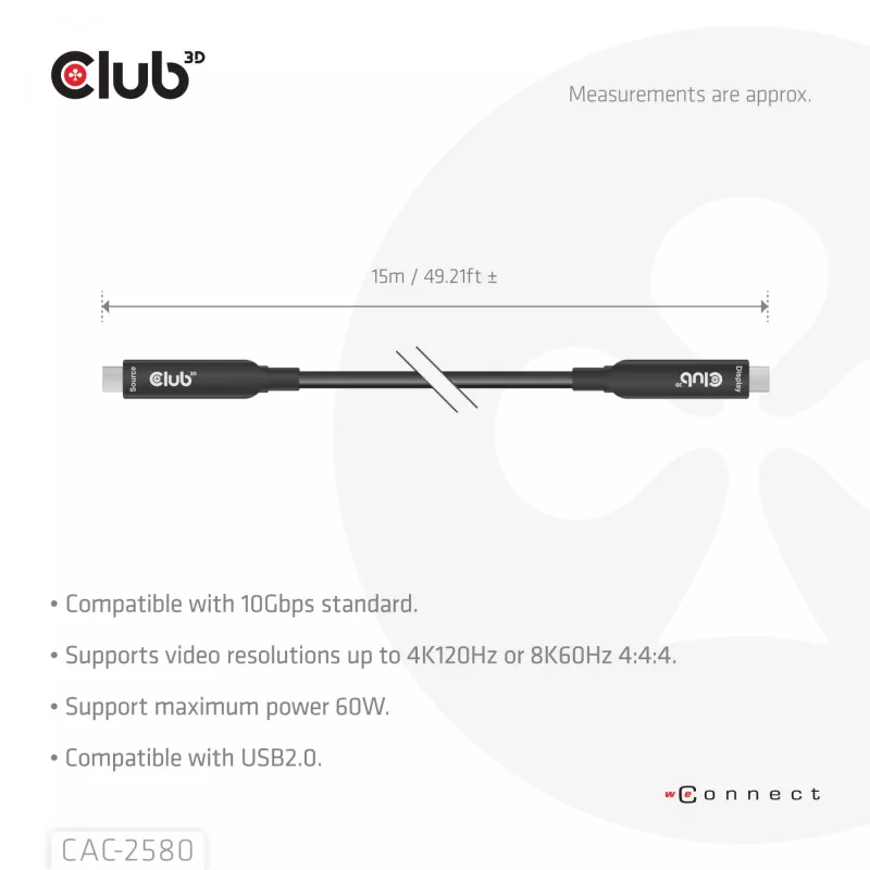 CLUB3D cavo USB-C® full-feature 15M / 49,21ft 8K60Hz 10Gbps 60W