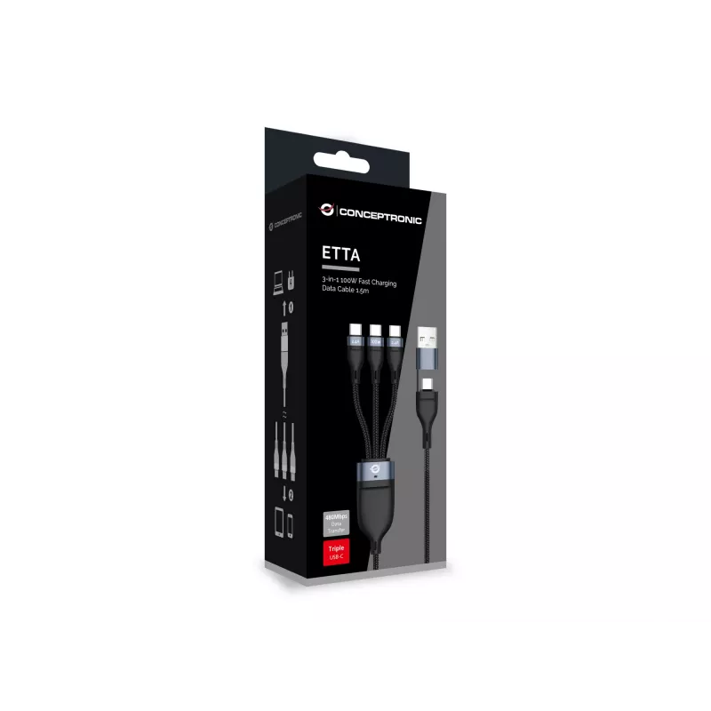 Conceptronic ETTA06B15C cavo dati ricarica rapida 3-in-1 100 W 1,5 m, triplo USB-C, USB 2.0, E-Mark