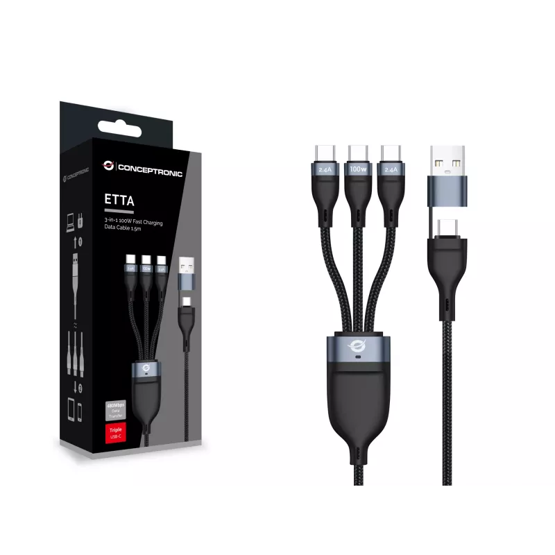 Conceptronic ETTA06B15C cavo dati ricarica rapida 3-in-1 100 W 1,5 m, triplo USB-C, USB 2.0, E-Mark