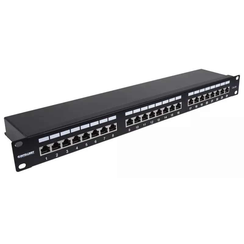 Patch panel Intellinet, Cat6a, FTP, 24 porte, 1U, schermato, barre LSA con ingresso superiore a 90°, nero