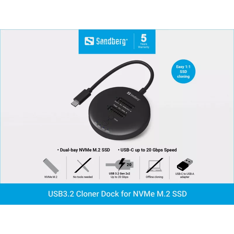 Sandberg USB3.2 Cloner Dock per SSD NVMe M.2, nero, 20 Gbit/s