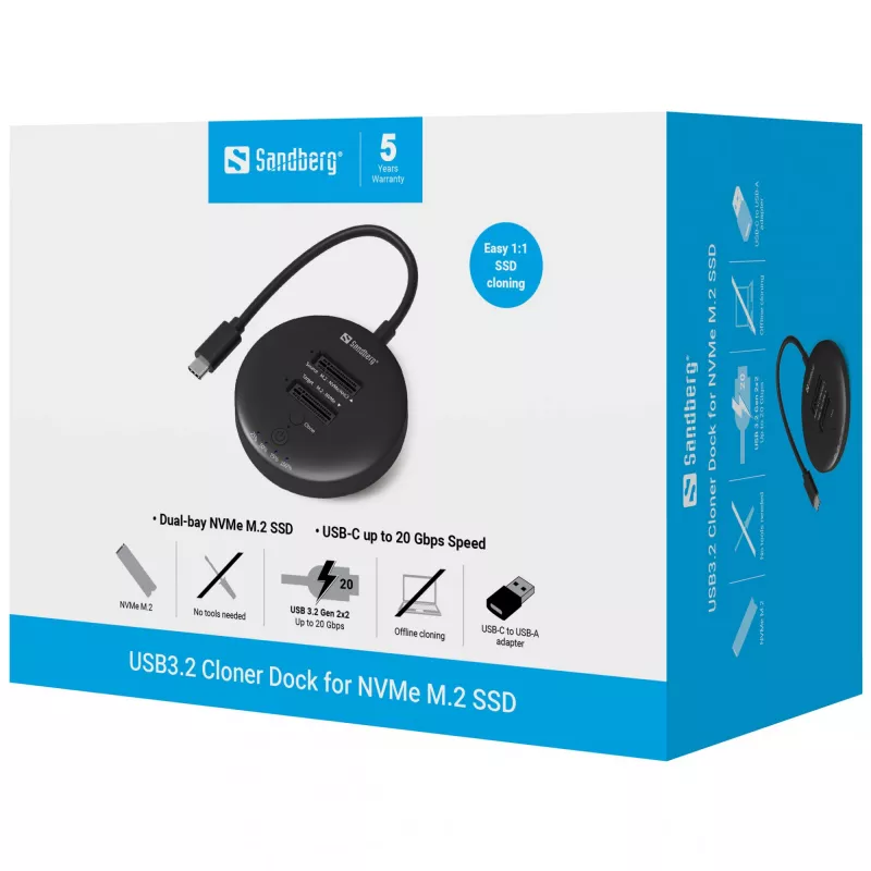 Sandberg USB3.2 Cloner Dock per SSD NVMe M.2, nero, 20 Gbit/s