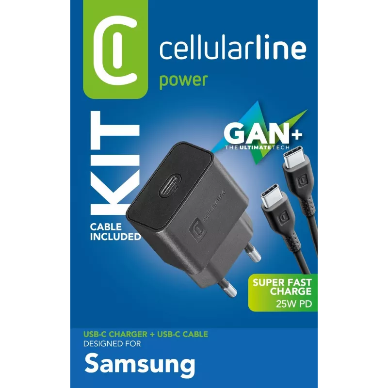 Cellularline Super Fast Charger Kit 25W - USB-C a USB-C - Alimentatore Samsung 25W Super Fast Charge PD con cavo USB-C a USB-C