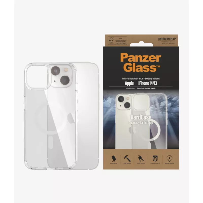 PanzerGlass HardCase MagSafe 0409 custodia per Apple iPhone 14/13, 6,1 pollici (15,5 cm), TPU riciclato, antibatterica, trasparente