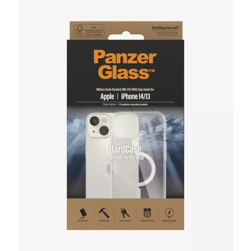 PanzerGlass HardCase MagSafe 0409 custodia per Apple iPhone 14/13, 6,1 pollici (15,5 cm), TPU riciclato, antibatterica, trasparente