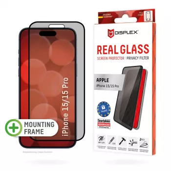 Displex Privacy Screen Protector (10H) per Apple iPhone 15/15 Pro, cornice di montaggio Eco, filtro privacy