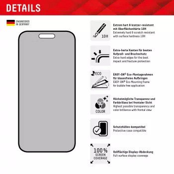 Displex Privacy Screen Protector (10H) per Apple iPhone 15/15 Pro, cornice di montaggio Eco, filtro privacy