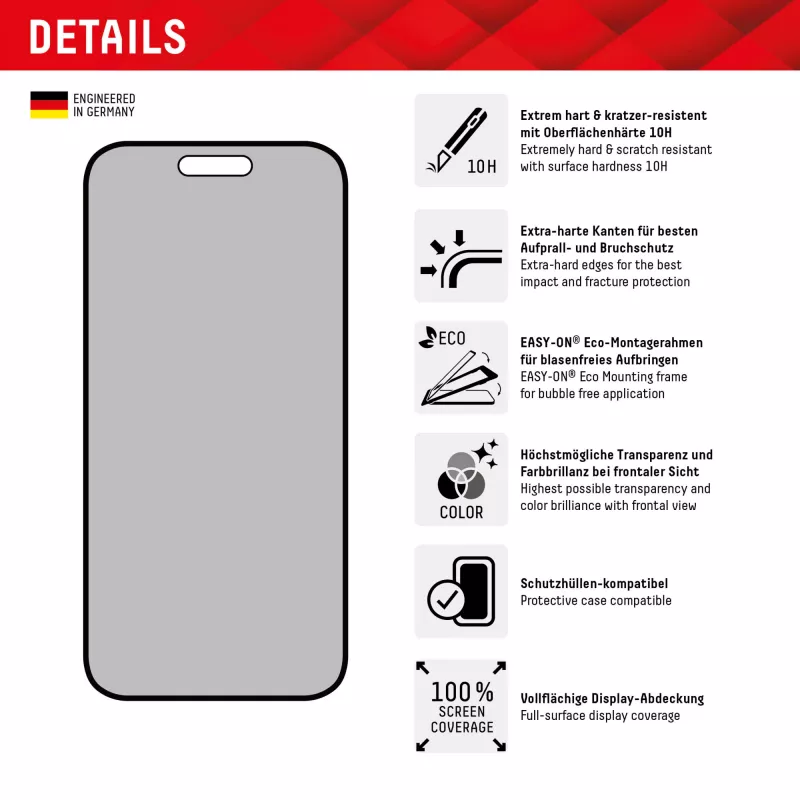 Displex Privacy Screen Protector (10H) per Apple iPhone 15/15 Pro, cornice di montaggio Eco, filtro privacy