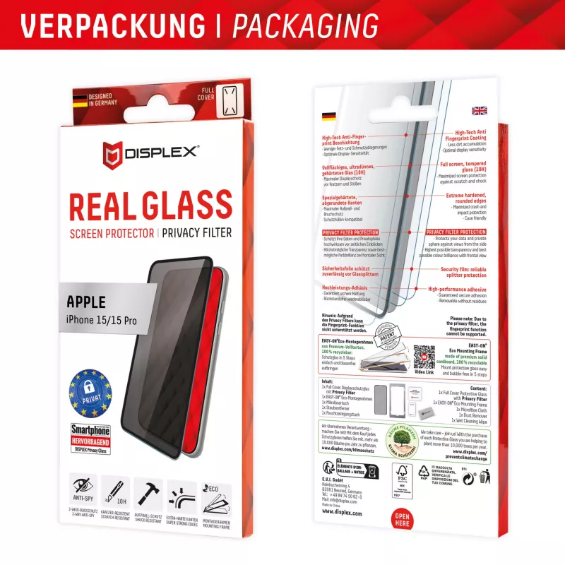Displex Privacy Screen Protector (10H) per Apple iPhone 15/15 Pro, cornice di montaggio Eco, filtro privacy