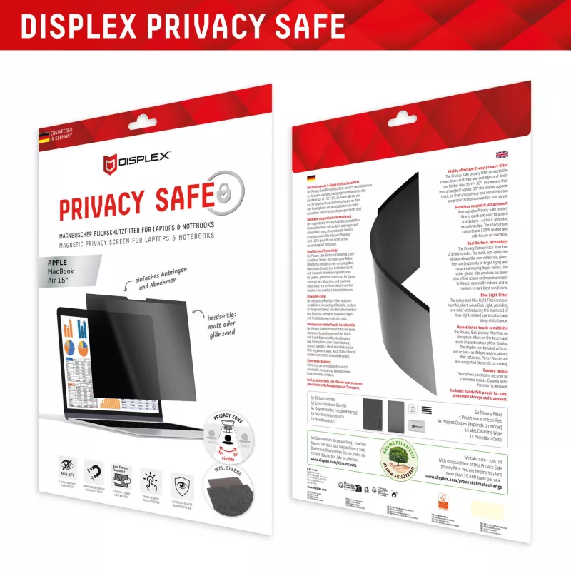 Displex PRIVACY SAFE filtro privacy magnetico a 2 vie per MacBook Air 15 pollici opaco 5H