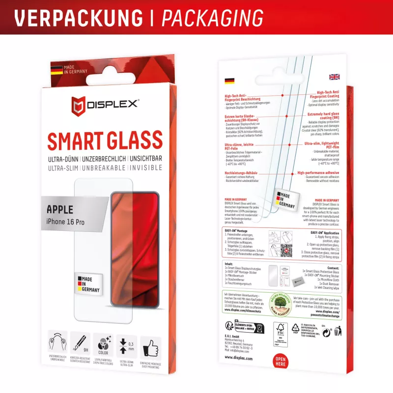 Displex Smart Glass (9H) per Apple iPhone 16 Pro, adesivo di montaggio, infrangibile
