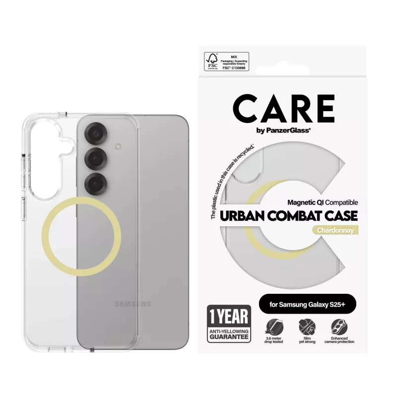PanzerGlass CARE Urban Combat custodia trasparente Chardonnay Qi Samsung Galaxy S25+