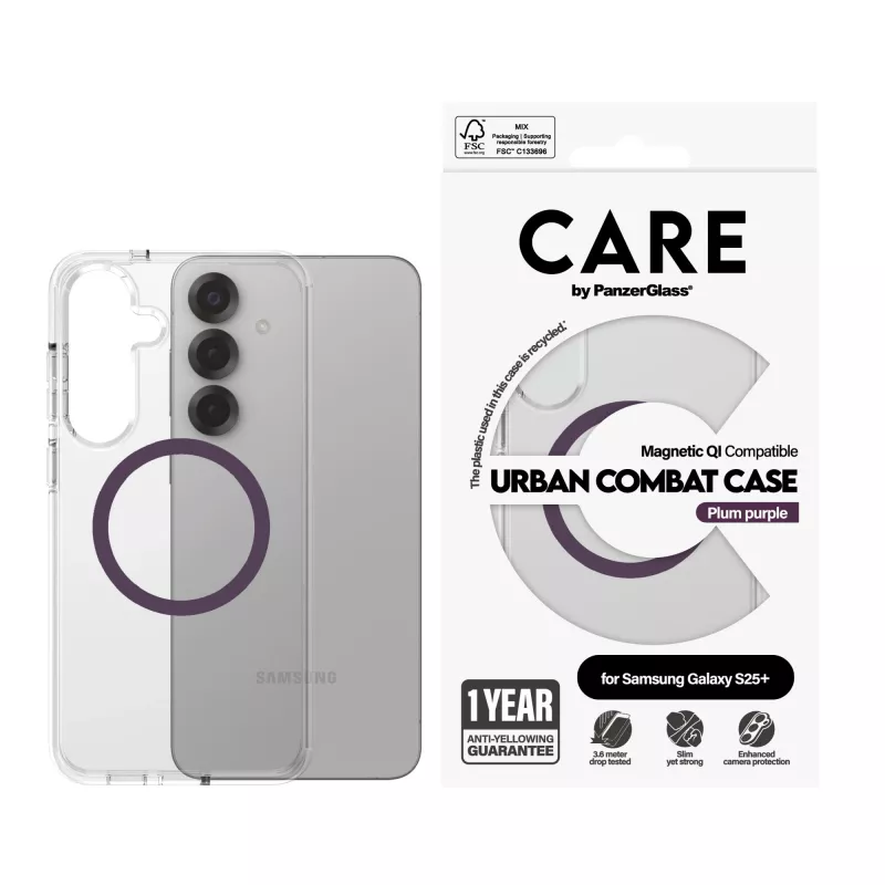 PanzerGlass CARE Urban Combat custodia trasparente Plum Purple Qi Samsung Galaxy S25+