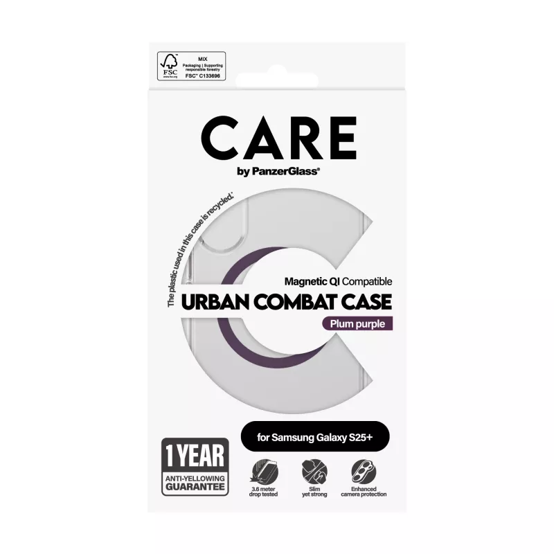 PanzerGlass CARE Urban Combat custodia trasparente Plum Purple Qi Samsung Galaxy S25+
