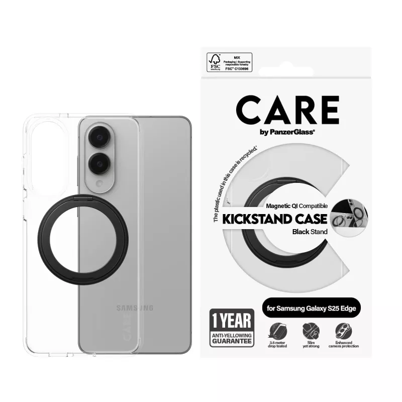 PanzerGlass CARE custodia trasparente con supporto nero e Qi Samsung Galaxy S25 Edge