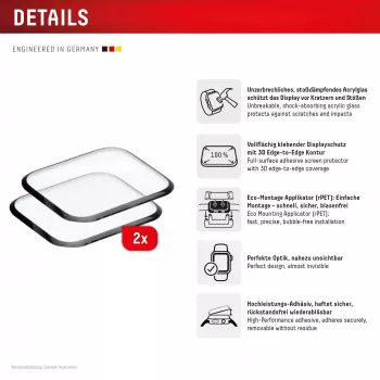 Vetro protettivo infrangibile full cover Displex per Apple Watch 9/8/7 (41mm), confezione da 2, ultraleggero, senza bordi, montaggio Eco