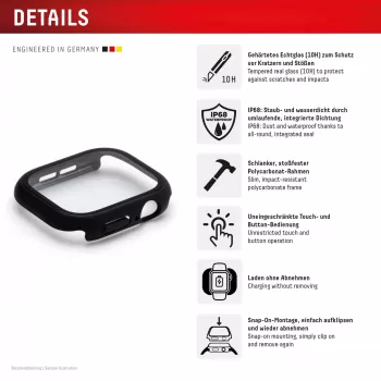 Vetro temperato full body PanzerGlass Displex 10H per Apple Watch 41 mm (Series 9/8/7), IP68, snap-on, nero opaco