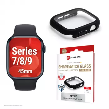 Vetro temperato Displex 10H per Apple Watch 9/8/7 (45 mm), custodia full body, IP68, snap-on, nero opaco
