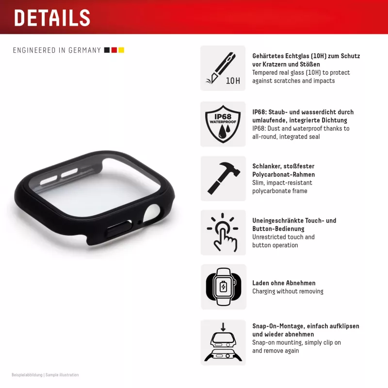 Vetro temperato Displex 10H per Apple Watch 9/8/7 (45 mm), custodia full body, IP68, snap-on, nero opaco