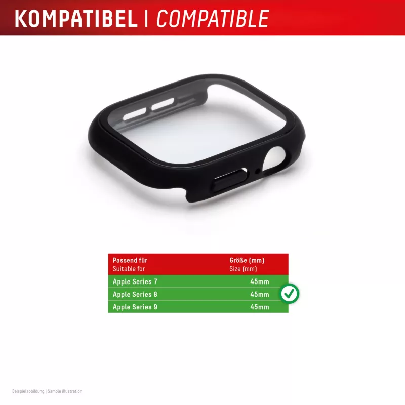 Vetro temperato Displex 10H per Apple Watch 9/8/7 (45 mm), custodia full body, IP68, snap-on, nero opaco