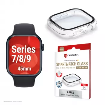 Protezione schermo PanzerGlass Displex 10H per Apple Watch 9/8/7 45mm, vetro temperato full cover, IP68, snap-on, trasparente