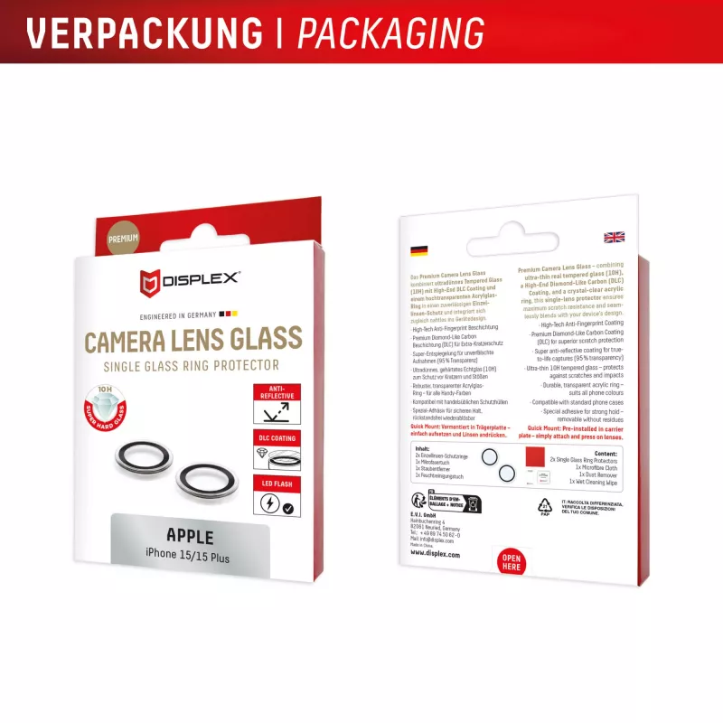 Vetro premium per lenti fotocamera Displex, iPhone 15/15 Plus, 10H, anelli singoli, DLC, trasparente, Quick Mount