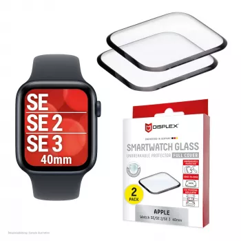 Vetro protettivo infrangibile full cover Displex Apple Watch SE3/SE2/SE (40mm), confezione da 2, ultraleggero, senza bordi, Eco Mount
