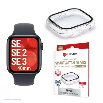Vetro temperato Displex 10H per Apple Watch SE3/SE2/SE (40 mm), custodia full body, IP68, snap-on, trasparente