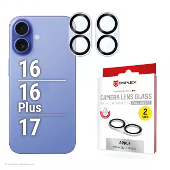 Vetro per lenti fotocamera full cover Displex iPhone 16/16 Plus/17, 10H, protezione completa fotocamera, montaggio rapido, confezione da 2
