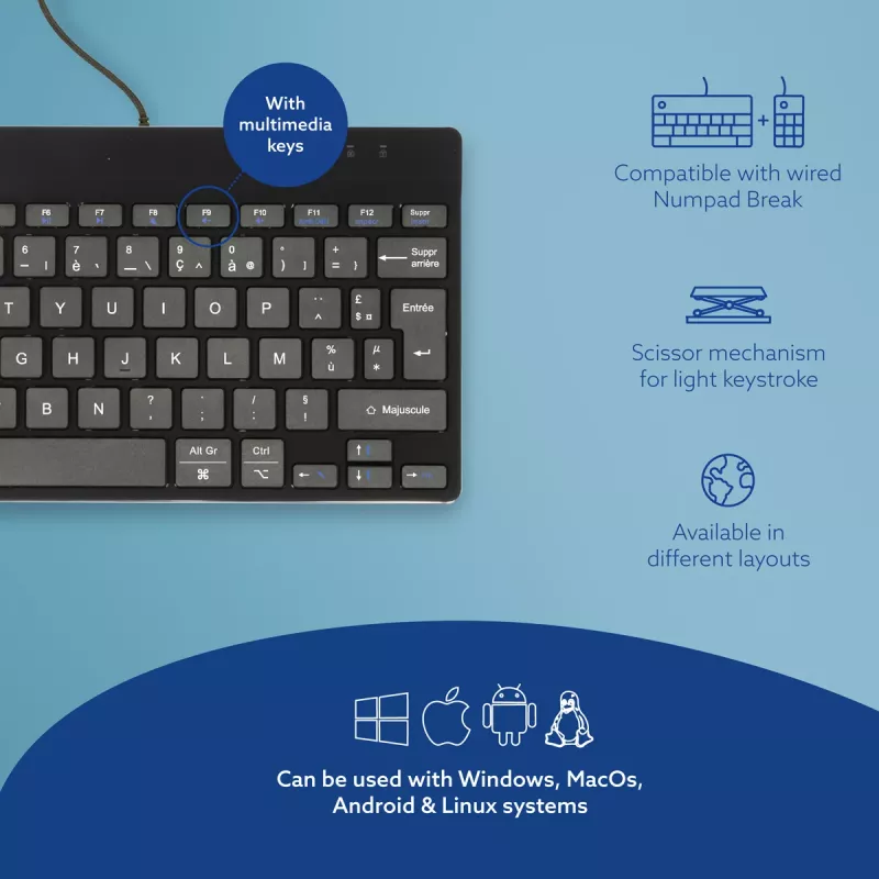 R-Go Tools tastiera ergonomica R-Go Compact Break, tastiera compatta con software per pause, AZERTY (FR), con filo, nero