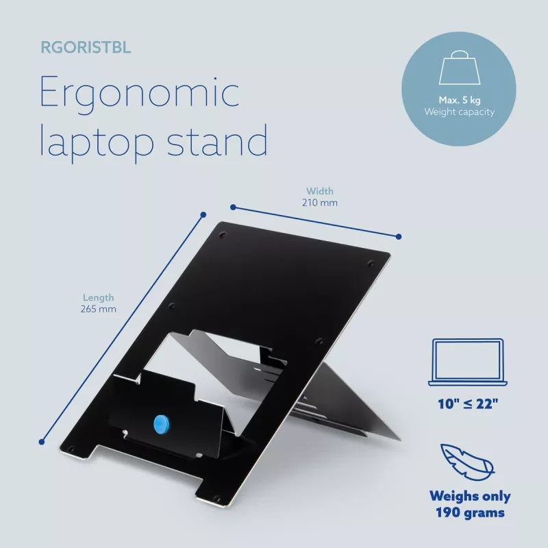 R-Go Tools supporto per laptop R-Go Riser Flexible, supporto per laptop pieghevole regolabile, ergonomico, alluminio Hylite, nero