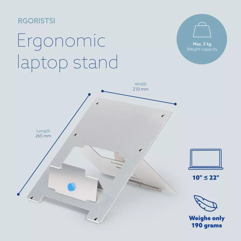 R-Go Tools supporto per laptop R-Go Riser Flexible, supporto per laptop pieghevole regolabile, ergonomico, alluminio Hylite, argento