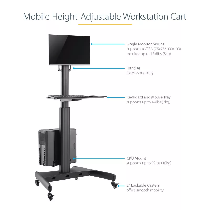 StarTech.com carrello mobile per workstation con supporto monitor, supporto CPU/PC, ripiano per tastiera – carrello ergonomico regolabile in altezza per computer desktop – postazione di lavoro mobile su ruote