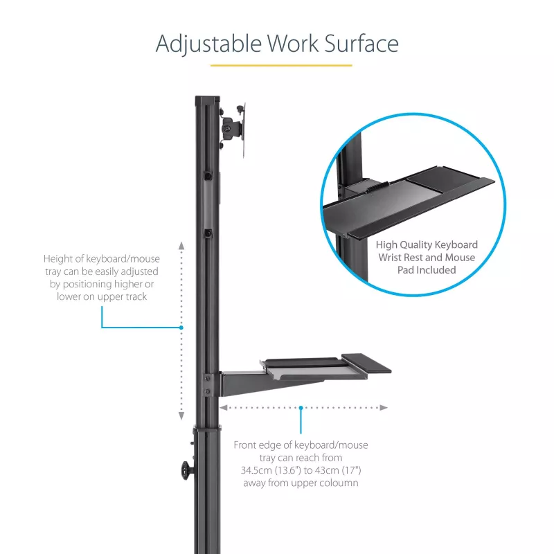 StarTech.com carrello mobile per workstation con supporto monitor, supporto CPU/PC, ripiano per tastiera – carrello ergonomico regolabile in altezza per computer desktop – postazione di lavoro mobile su ruote