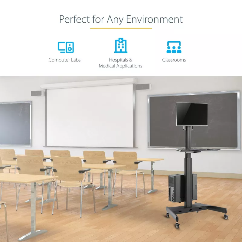 StarTech.com carrello mobile per workstation con supporto monitor, supporto CPU/PC, ripiano per tastiera – carrello ergonomico regolabile in altezza per computer desktop – postazione di lavoro mobile su ruote
