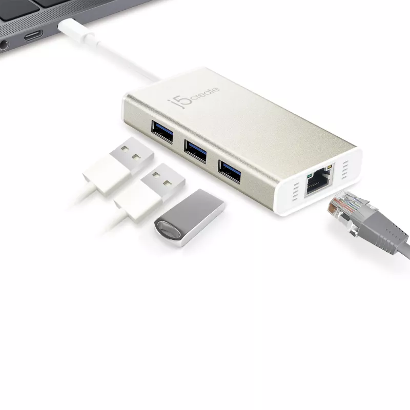 Adattatore multiplo j5create JCH471 USB-C™ Gigabit Ethernet e hub, Metallic Champagne