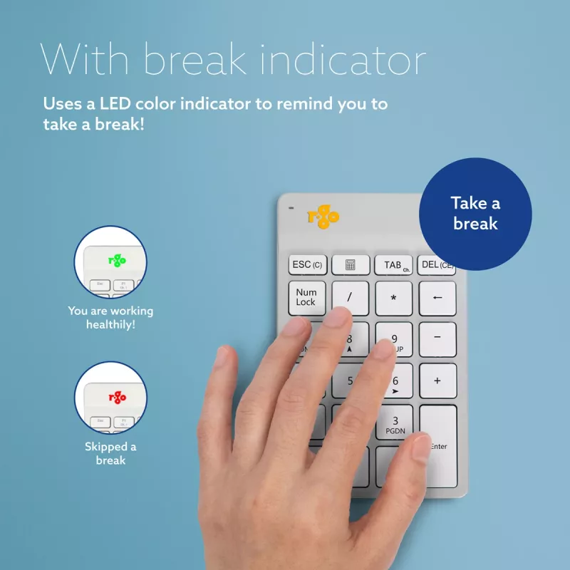 Tastierino numerico R-Go Tools R-Go Numpad Break, tastierino numerico ergonomico con software Break, Bluetooth, bianco