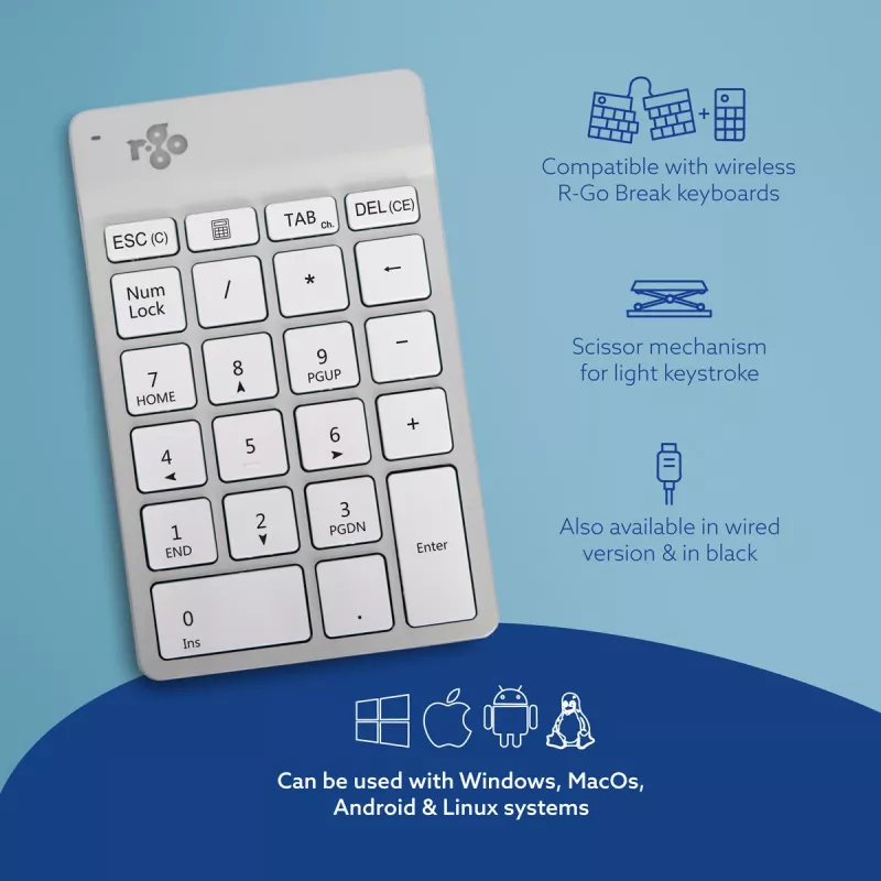 Tastierino numerico R-Go Tools R-Go Numpad Break, tastierino numerico ergonomico con software Break, Bluetooth, bianco