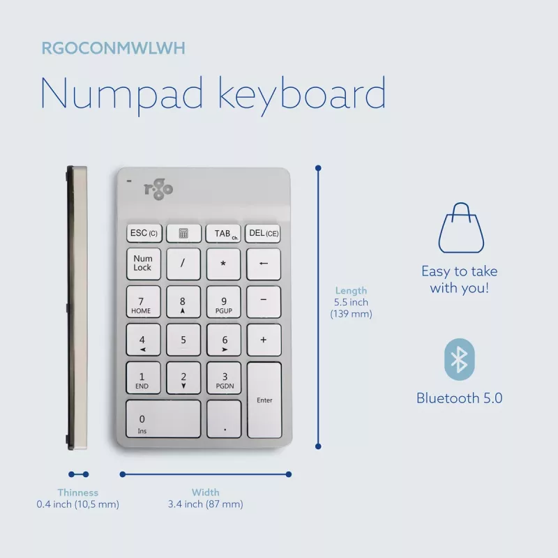 Tastierino numerico R-Go Tools R-Go Numpad Break, tastierino numerico ergonomico con software Break, Bluetooth, bianco