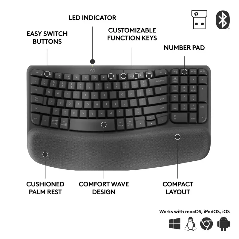 Logitech Wave Keys for Business Tastiera ergonomica full-size wireless