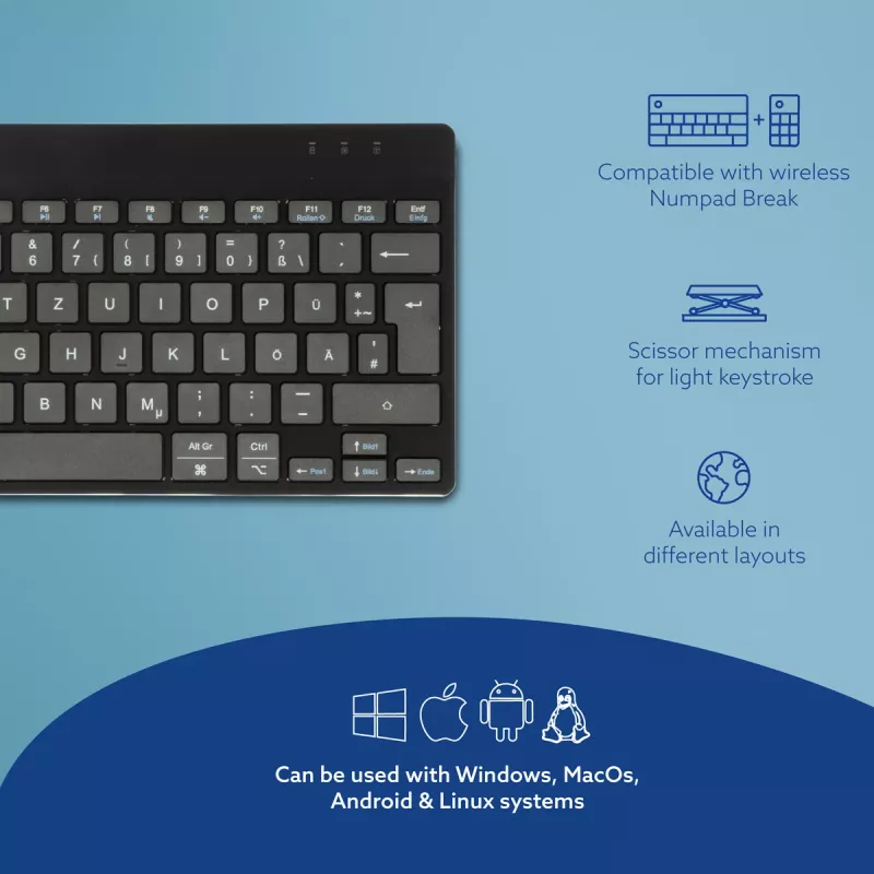 R-Go Tools tastiera ergonomica R-Go Compact Break, tastiera compatta con software per le pause, QWERTZ (DE), Bluetooth, nero