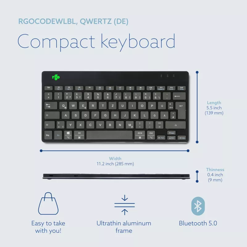 R-Go Tools tastiera ergonomica R-Go Compact Break, tastiera compatta con software per le pause, QWERTZ (DE), Bluetooth, nero