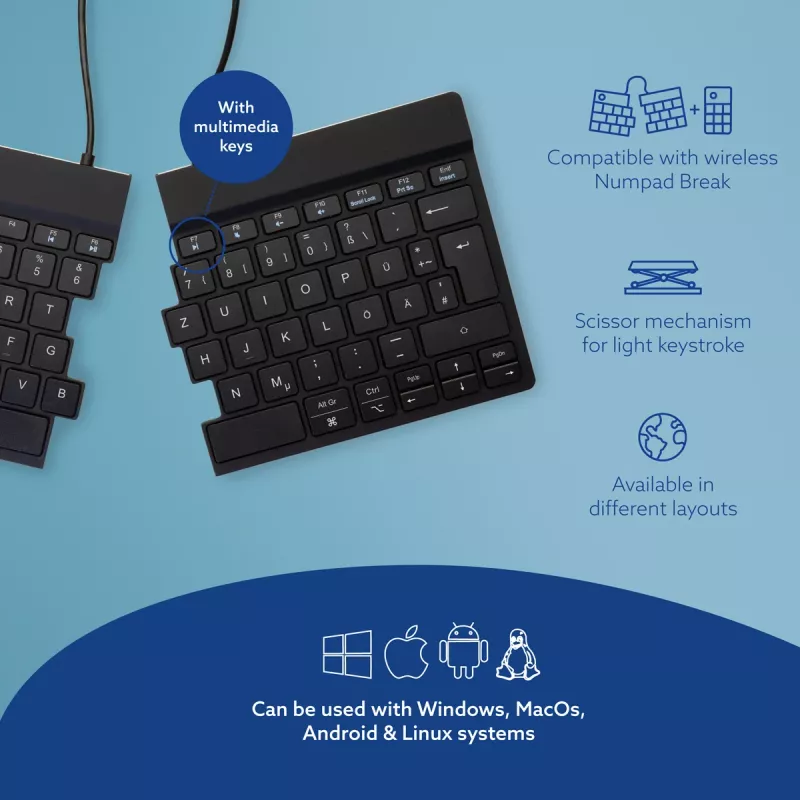 R-Go Tools tastiera ergonomica R-Go Split Break con software Break, tastiera ergonomica divisa, QWERTZ (DE), Bluetooth, nero