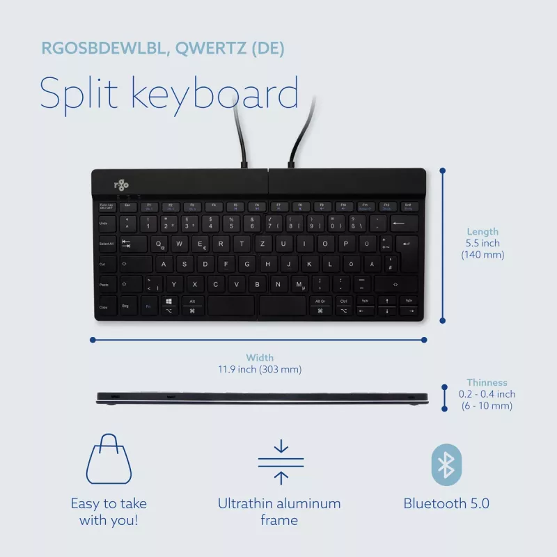 R-Go Tools tastiera ergonomica R-Go Split Break con software Break, tastiera ergonomica divisa, QWERTZ (DE), Bluetooth, nero