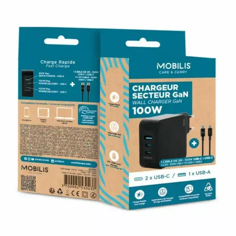 Caricabatterie Ravanson Mobilis 100W GaN 2×USB‑C + 1×USB‑A AC per interni — per laptop, smartphone, tablet — nero