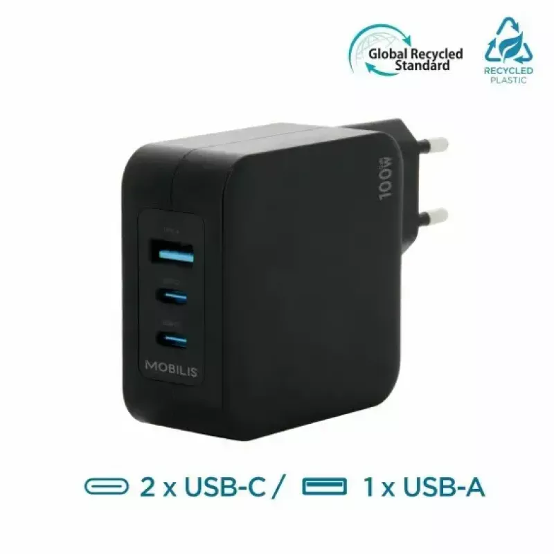 Caricabatterie Ravanson Mobilis 100W GaN 2×USB‑C + 1×USB‑A AC per interni — per laptop, smartphone, tablet — nero